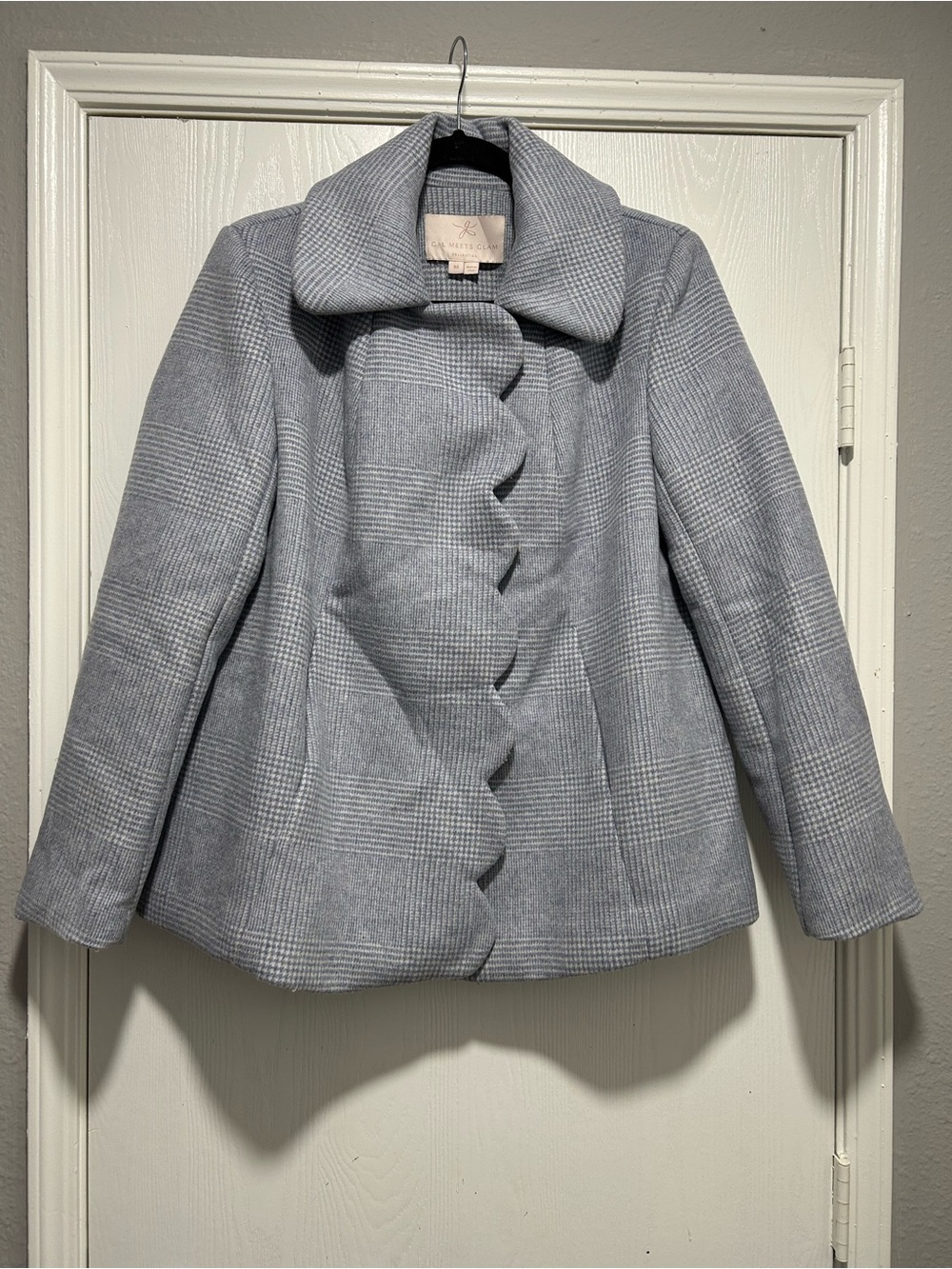 Gal Meets Glam Collection Aubrey Scalloped Houndstooth Check Blue Coat Size M - Picture 3 of 12